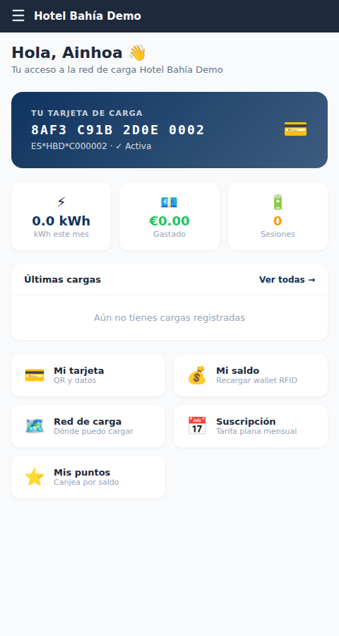 Portal del conductor con su tarjeta de carga, consumo y accesos rápidos